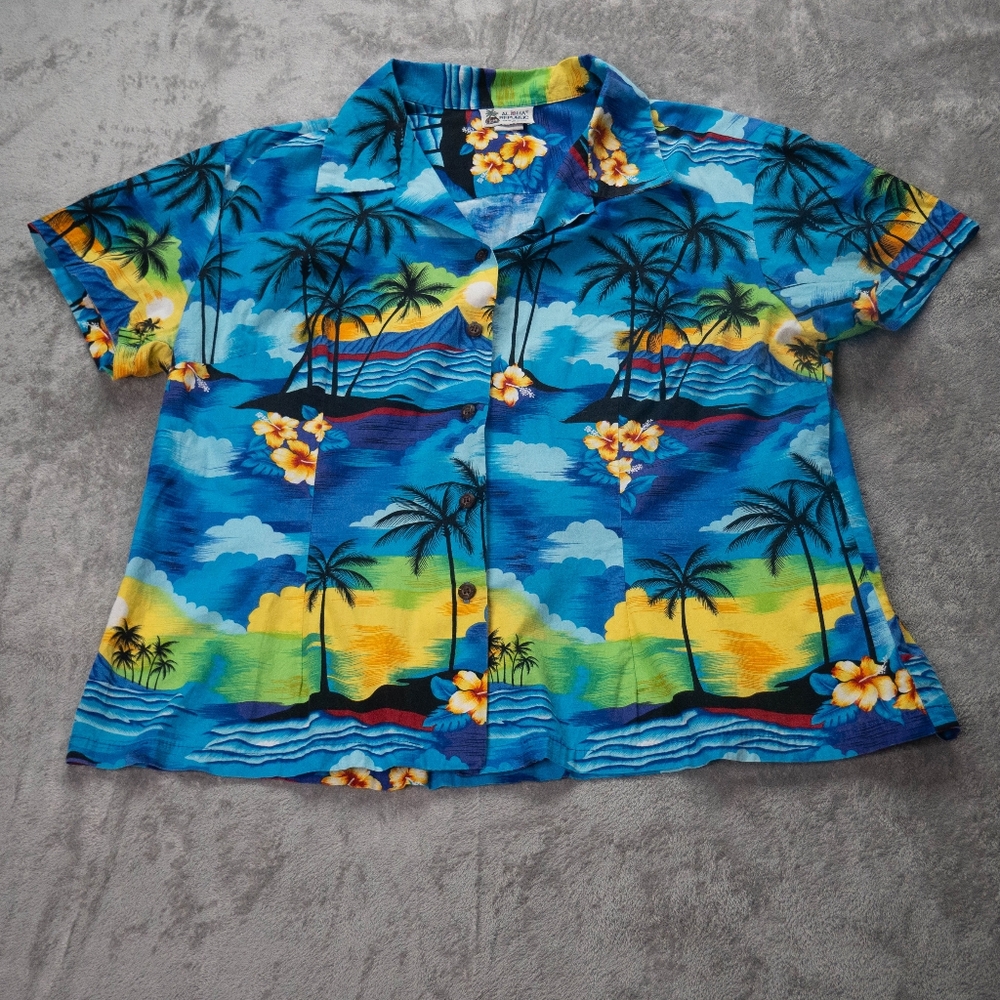 Aloha Republic Hawaiian Senset Blue Cotton Mens Extra Large Short Sleeve Shirt